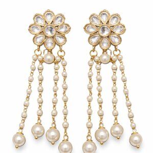 Gold Tone Floral Pearl Drop Statement Earrings – Kundan Inspired Bridal set